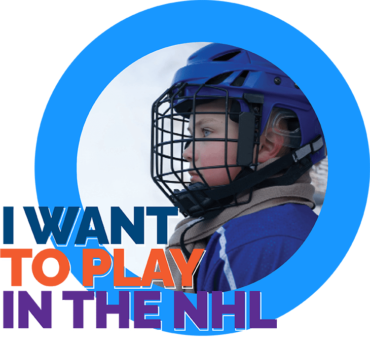 Boy in hockey equipment with text that says 'I want to play in the NHL'